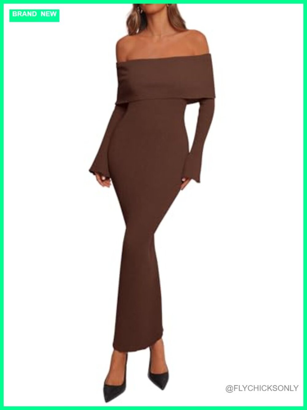 Off The Shoulder Bodycon Maxi Sweater Dress Bell Sleeve Ribbed Knit